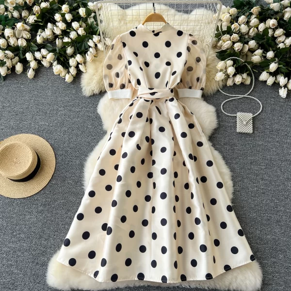 LE2452 Herben Polka Dot Long Dress Female Socialite Dinner Party Midi Dresses Autumn Luxury Ompadour French Dress Banquet Robe