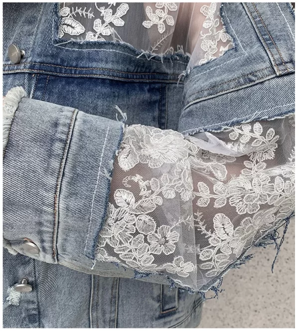 New Women Fashion Plus Size Denim Jacket Light Blue Transparent 3d Lace Sleeve Distressed Denim Jacket Women