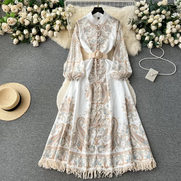 LE2469 Ethnic Style Loose Evening Gown Vintage Maxi Printed Dresses Woman Stand Collar Long Sleeve Tassels Dinner Long Dresses