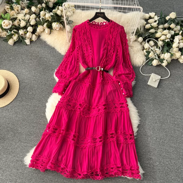 LE2516 Retro Hollow Hook Flower Dress Female O-Neck Lace Splicing Slim-Fit Long Sleeve Puffed Sleeve Dresses Commuting Lady Gown