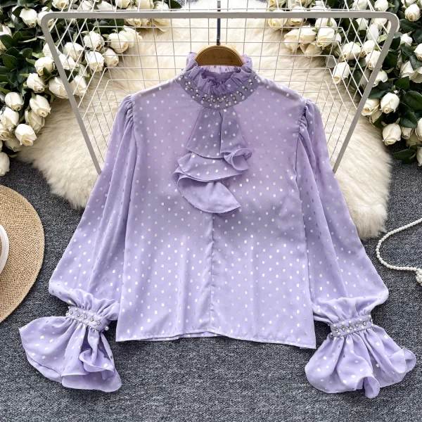 LW0356 202new Light Luxury Polka Dot Print Lotus Sleeve Shirt Women'S Tie With Diamond Design Temperament Blouses for Lady