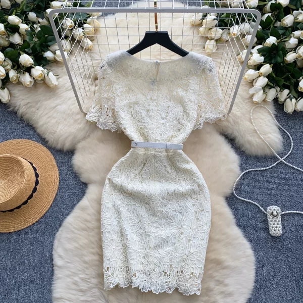 LE2577 Women Boutique Hollow Hook Flower Ladies Dress Female Square Collar Beaded Single Breasted Embroidery Lace Mini Dresses