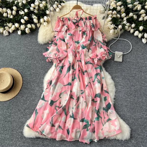 LE2438 Holiday Flowers Printed Dress Woman Off-The-Shoulder Ruffled Chiffon Long Dress Beach Vacation Party Flowing Dress Robe
