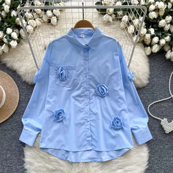 LW0509 Senior Sense Blouse Rose Flower Decoration With a Slim Chic Long-Sleeved Blouses Elegant Women Ladies