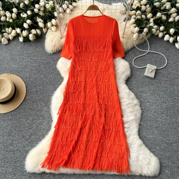 LE2513 Unique Draped Tassels Midi Large Size Evening Dress Fringe Pleated Design Socialite Evening Gown Elegant Party Long Dress