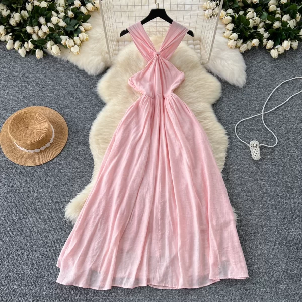 LE2519 2025 Summer Beach Vacation Fairy Dresses Woman Temperamental Intersect Diamond A-Line Halter Dresses Pink Long Prom Dress
