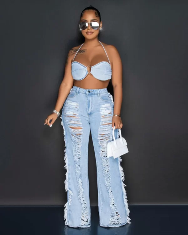 New Arrivals Women's Casual Crop Tops and Tassel Pants Sets 2 Piece Jean Suit