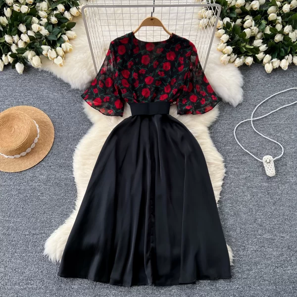 LE2443 Mature Commuter Midi Women'S Dress V-Neck Short Sleeve Print Patchwork Belted Long Dresses Office Party Casual Dress