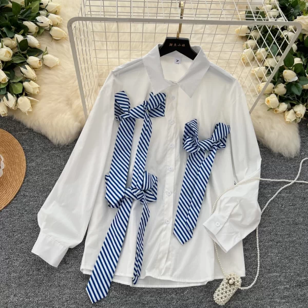 LW0364 Light Luxury Simple Senior Sense Striped Shirt Loose Irregular Tie Design Chic Blouse 2025 Spring Tops for Women Formal