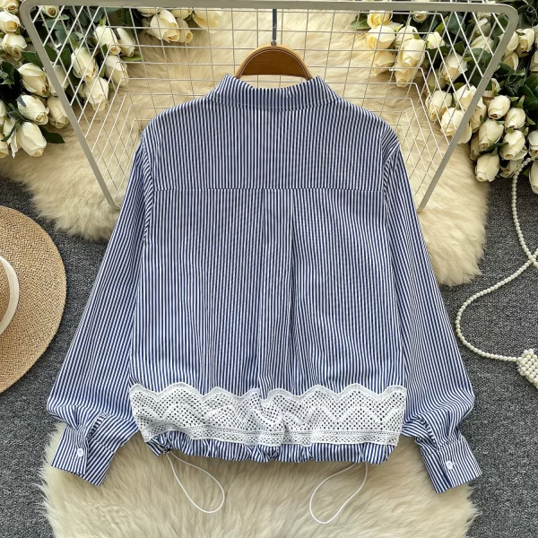 LW0594 Chic Bow Lace Embroidery Striped Shirt Women'S Design Sense Draw Rope Waist Shirt Blouses Elegant Women Ladies