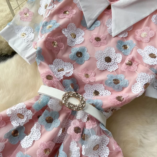 LE2527 Luxury Flower Sequined Lace Midi Dresses Vintage Polo Collar Heavy Embroidery Woman Dress Socialite'S Party Gauze Dress