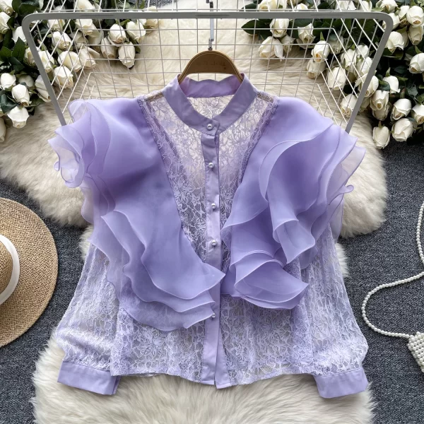 LW0510 Small Crowd Ruffled Edge Stitching Round Neck Pearl Single Breasted Lace Cardigan Blouse Elegant Women Ladies