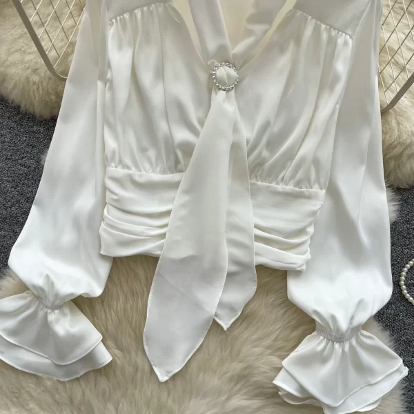 LW0367 Small Crowd Waist Shirt Women French 2025 New Halter Neck Pleated Horn Sleeve Satin Top Blouses Elegant Women Ladies