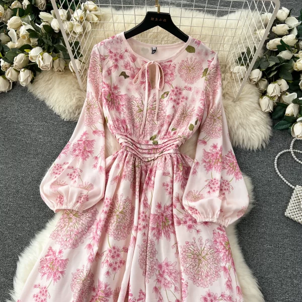 LE2567 Gentle  Floral Casual Women'S Dresses Autumn Female Bow Tie O-Neck Pleated Waist  Holiday Women'S Boutique Printed Dress