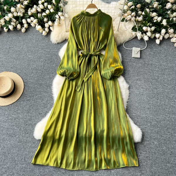 LE2446 Mature Boutique Ladies Evening Gown Niche Belted Stand Collar Long Sleeve Long Dresses Elegant Pendant Streamer Dress
