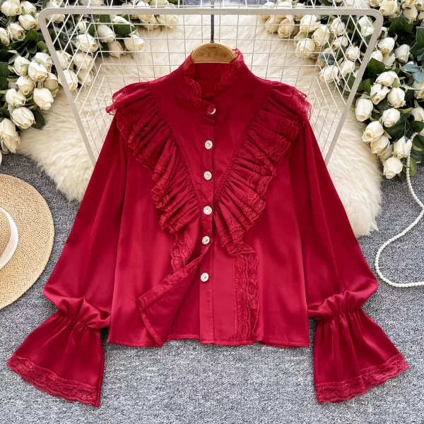 LW0518 Light Wind Shirt Women'S Wooden Ear Edge Splicing Stand Collar Trumpet Sleeve Slimming Satin Blouse