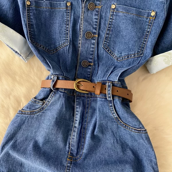 LE2488 Korean Midi Casual Denim Dress Simple Polo Collar Denim Dress Female Summer Belt Slim Slit Design Temperament Long Dress