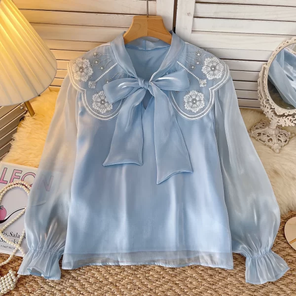 LW0352 French Gentle Atmosphere Lotus Sleeve Shirt Mesh Bow Embroidery Diamond Design Blouses Elegant Women