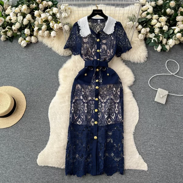 LE2461 Socialite Party Lace Dresses Women'S Elegant Hollow Hook Flower Embroidery Midi Casual Dress Women Boutique Evening Gown