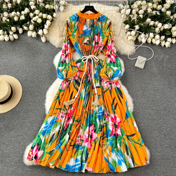 LE2522 Mature Loose Maxi Floral Print Dresses Woman Hollow Office Lady Belted Large Size Long Evening Dress Socialite Party Robe