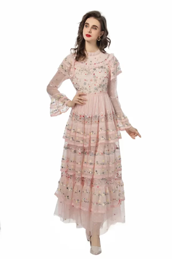 LE2542 High Quality Lace Dress Women Elegant Heavy Embroidery Sequin Long Dress European Socialite Holiday Party Mesh Dresses