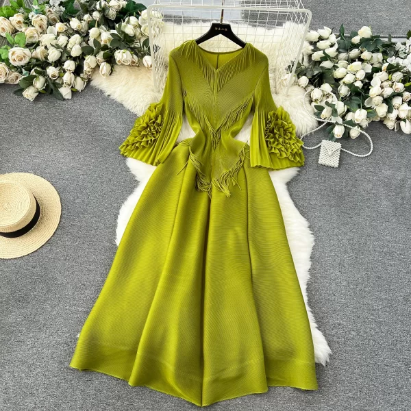 LE2510 Fringe V-Neck Pleated Midi Woman Dresses Loose Fold Flare Sleeves Evening Gown Lady Boutique Socialite Holiday Dress