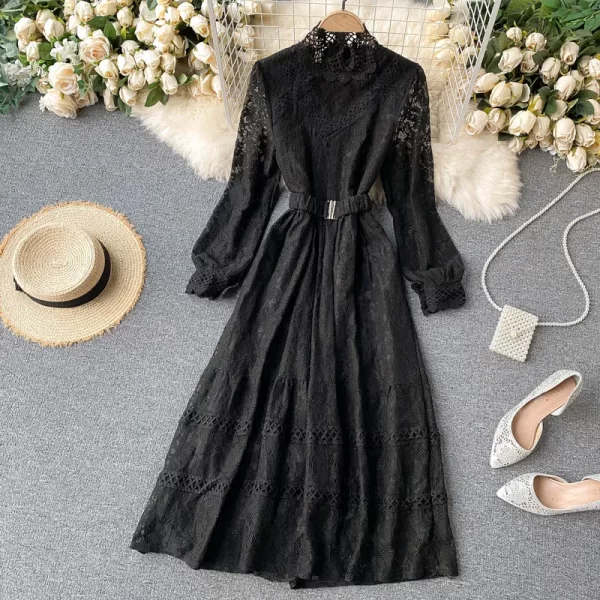 LE2555 Gentle Lace Socialite Dresses Female Hollow Out Stand Collar Midi Dress Holiday Parties Casual Evening Womens Dresses