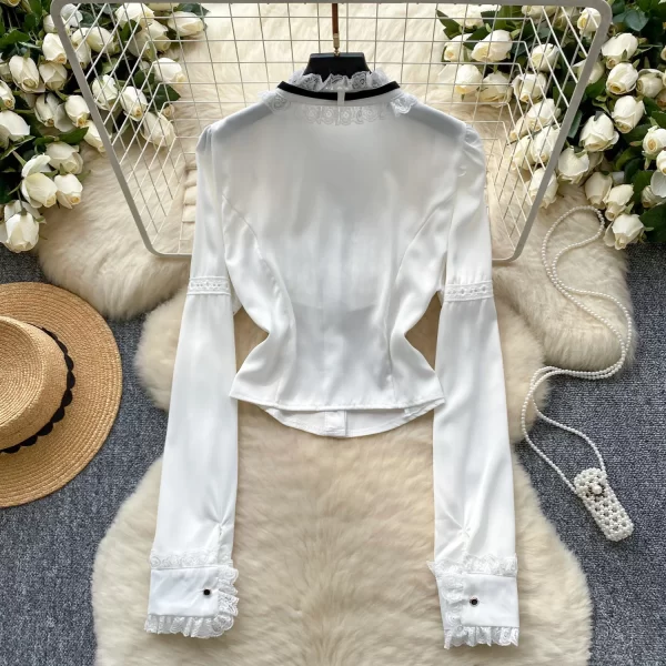 LW0370 2025 Spring Temperament Color Contrast Lace Patchwork Receive Waist Long Sleeve Shirt Female Tops for Women Casual
