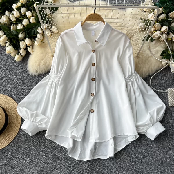 LW0511 Ladies Pleated Lantern Long Sleeved Single Breasted Loose Blouse Lazy Chic Blouses Elegant Women Ladies