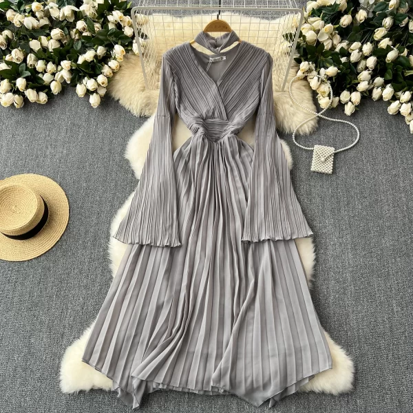 LE2531 Elegant Pleated Evening Dress Lady Maxi Casual Dress Women  Vintage Flared Long-Sleeved Draping Chiffon Holiday Dresses