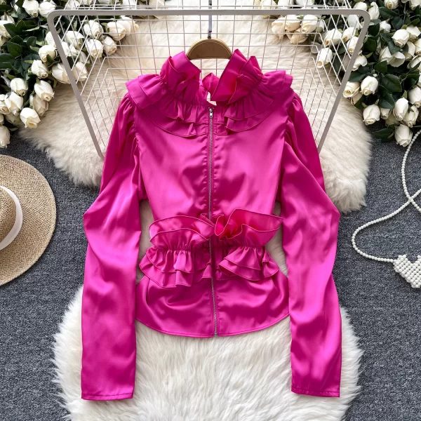 LW0354 2025 Spring Vintage Shirt Female Autumn Fungus Edge Zipper Light Luxury Royal Sister Blouse Blouses Elegant Women Ladies