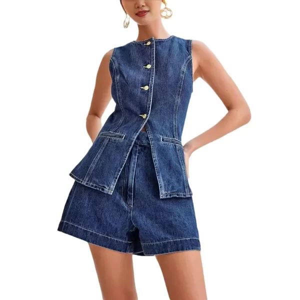 Summer Fashion Casual Sleeveless High Waisted Women's Suit Denim Shorts Suit