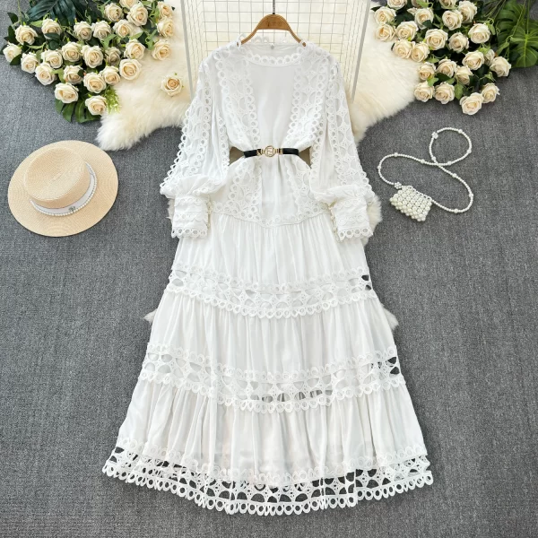 LE2576 Court Style Hollow Hook Flower Ladies Dress Female Heavy Industry Patchwork Lace Long Sleeve Women Boutique Maxi Dresses