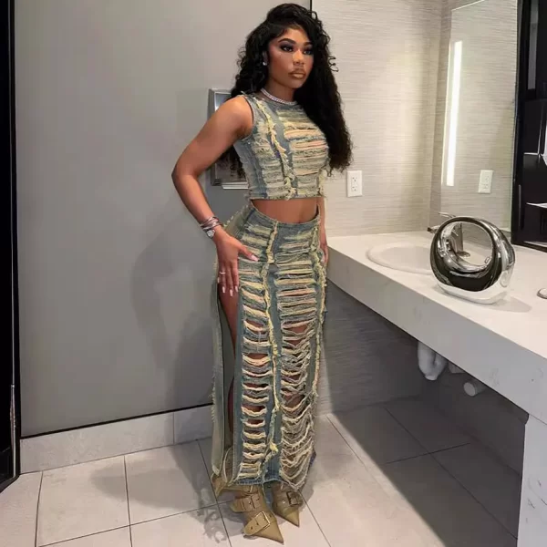 New Summer Fashion Ripped Denim Two Piece Skirt Suit Women's Denim Suit Cropped Vest and Split Skirt Suit