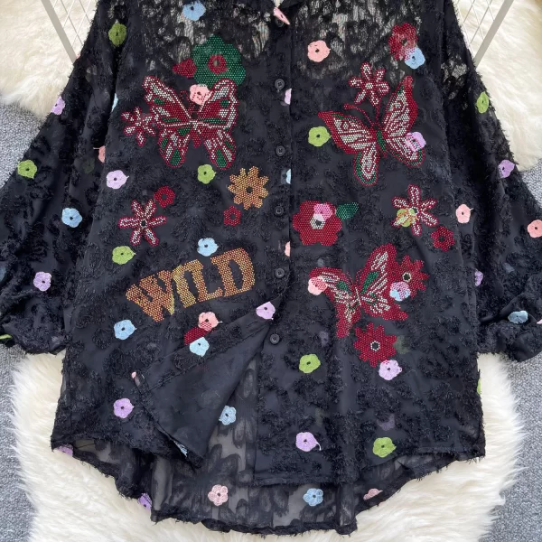 LW0368 2025 New Butterfly Sequin Embroidered Puffed Sleeve Shirt Women'S Mesh Temperament Top Blouses for Lady