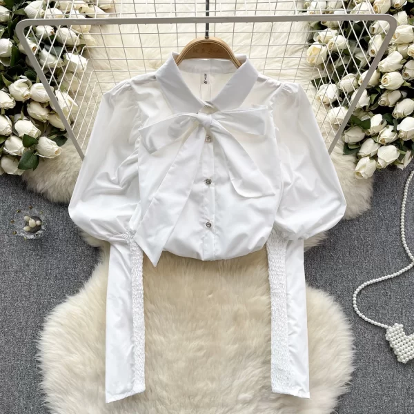 LW0516 Senior Sense of Shirt Women Sweet Bow Collar Slim Fit Design Sense of Leg of Lamb Sleeve French Top New Style