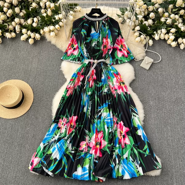 LE2523 Loose Maxi Floral Print Dress Woman Hollow Diamond-Bordered Belted Large Size Pleated Evening Dress Socialite Party Robe