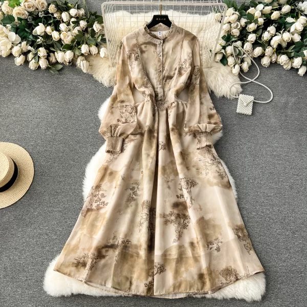 LE2444 Retro Ruffled Casual Dress Women 2025 Irregular Printing Long Dress Holiday Party Evening Gown Office Party Casual Dress