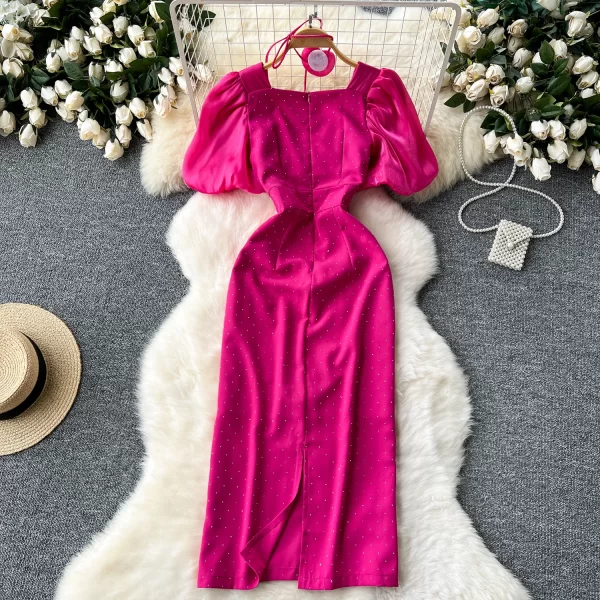 LE2453 Runway Ironing Drill Long Dress Socialite Mesh Puffed Sleeves Square Collar Banquet Robe Elegant Midi Dresses for Women