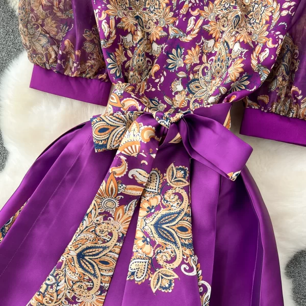 LE2463 Vintage Print Dress Ethnic Style Socialite Dinner Party One-Piece Wrap Midi Dress Women Elegant Gauze Belted Evening Robe