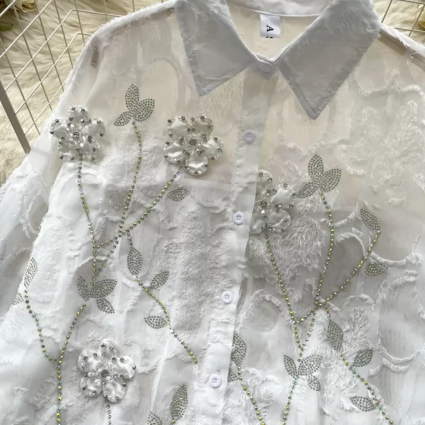 LW0360 French Top New Long Sleeve Shirt With Diamond Three-Dimensional Flower Embroidery Chiffon Blouses for Lady