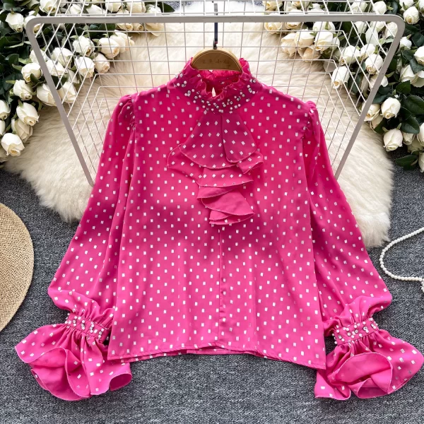 LW0356 202new Light Luxury Polka Dot Print Lotus Sleeve Shirt Women'S Tie With Diamond Design Temperament Blouses for Lady