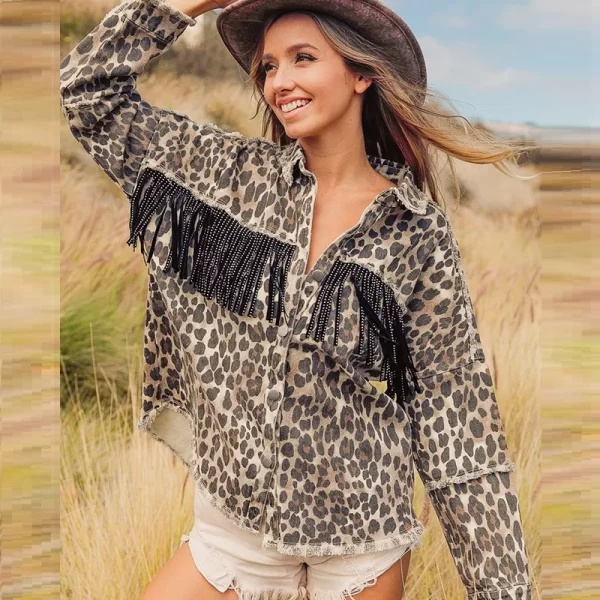 New Fringe Denim Jacket Women's Spring Washed and Old Leopard Print Denim Jacket