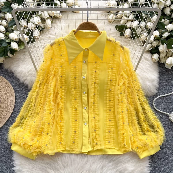 LW0375 French Diamond Pleated Lantern Sleeve Shirt Women'S Single Breasted Slimming Top Blouses Elegant Women Ladies