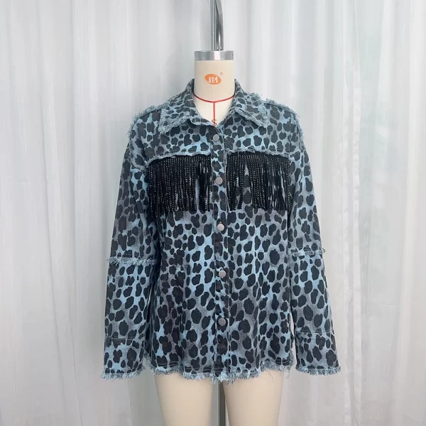 New Fringe Denim Jacket Women's Spring Washed and Old Leopard Print Denim Jacket