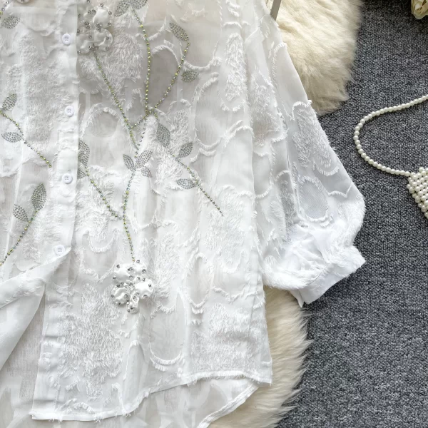 LW0360 French Top New Long Sleeve Shirt With Diamond Three-Dimensional Flower Embroidery Chiffon Blouses for Lady