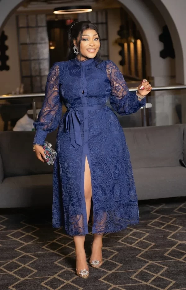 LE2475 Belted Evening Maxi Dresses Autumn Lace O-Neck Temperament Belted Plus Size Long Dress