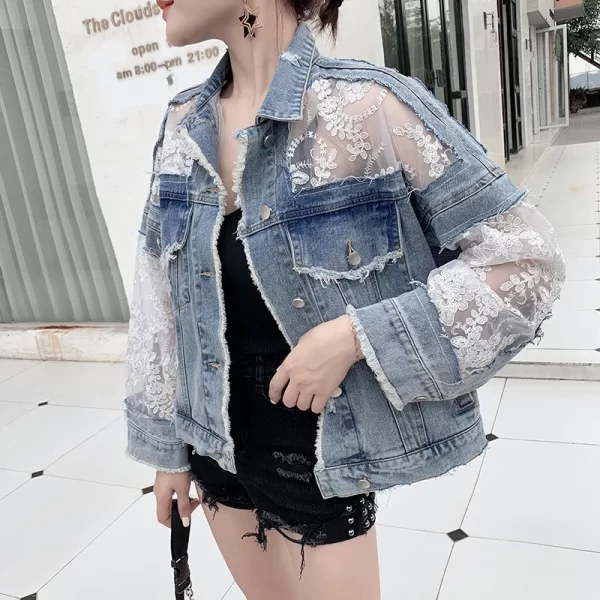 New Women Fashion Plus Size Denim Jacket Light Blue Transparent 3d Lace Sleeve Distressed Denim Jacket Women