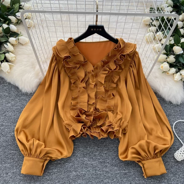LW0358 Senior Sense Lantern Sleeve Shirt Women Autumn Wooden Ear Edge Loose Light Luxury Temperament Blouse Tops for Women