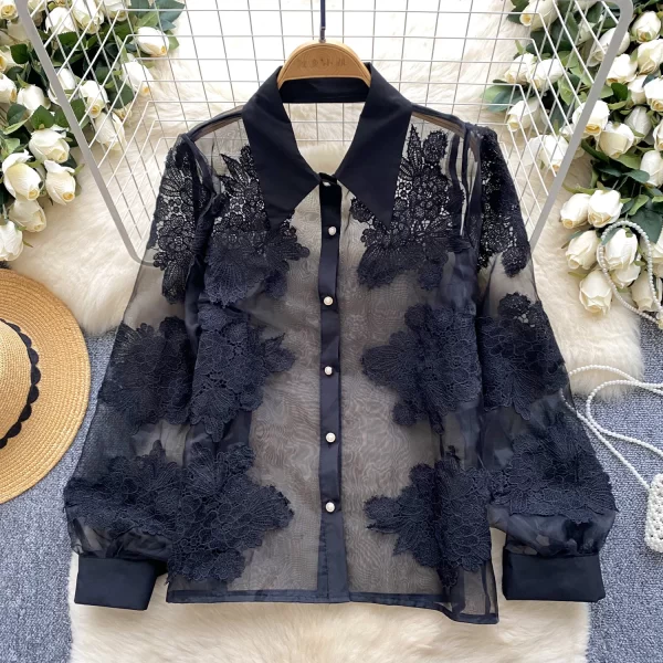 LW0503 2025 New High-Class Floral Embroidery All-In-One Slimming Single Breasted Tulle Shirt Blouses Elegant Women Ladies